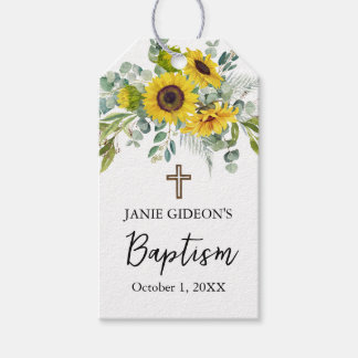 Étiquettes-cadeau Élégant Tournesol & Eucalyptus Boho Croix Baptême