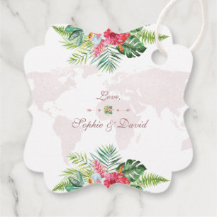 Étiquettes Cadeau Élégant Tropical Floral Gold World Map Mariage