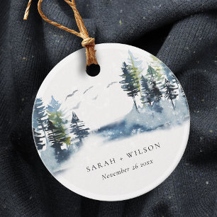 Étiquettes Cadeau Élégant Vert Pine Bleu Bois Mariage des oiseaux fo