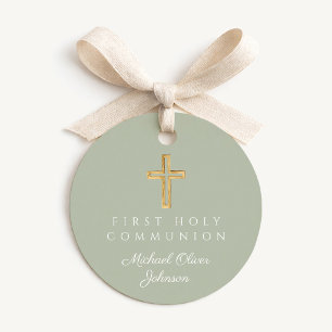 Étiquettes Cadeau Élégant Vert Sauge Croix Premier Round Communion