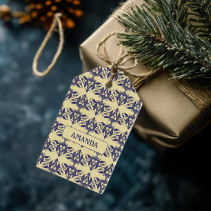 Étiquettes-cadeau Elégant vintage damassé marine bleu jaune monogram
