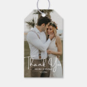 Étiquettes-cadeau élégante 2 photos script mariage moderne merci (Devant)
