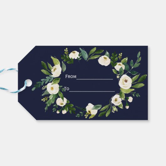 Étiquettes-cadeau Elégante aquarelle blanc Floral bleu foncé Mariage (Dos Horizontal)