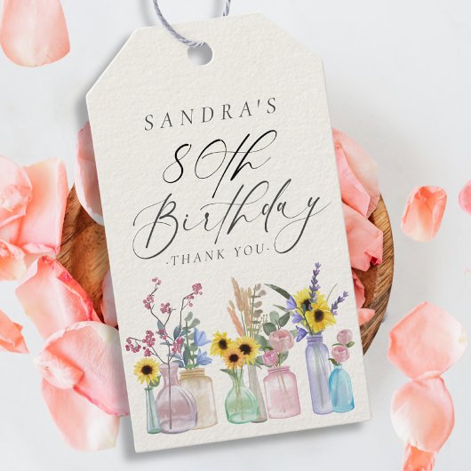 Étiquettes-cadeau Elégante aquarelle florale 80e anniversaire Merci