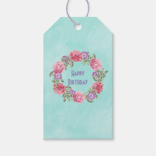 Étiquettes-cadeau Élégante aquarelle florale Wreath Joyeux anniversa