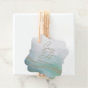 Étiquettes Cadeau Elégante aquarelle Ocean Aqua & Gold Enregistrer l