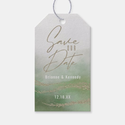 Étiquettes-cadeau Elégante aquarelle Vert & Or Enregistrer la date (Devant)