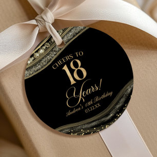 Étiquettes Cadeau Elégante Black Gold Agate 18e fête d'anniversaire