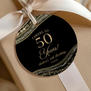 Étiquettes Cadeau Elégante Black Gold Agate 50e fête d'anniversaire