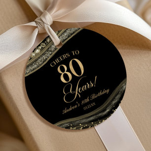 Étiquettes Cadeau Elégante Black Gold Agate 80e fête d'anniversaire