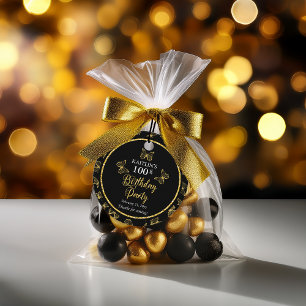 Étiquettes Cadeau Elégante Black Gold Butterflies 100 Anniversaire