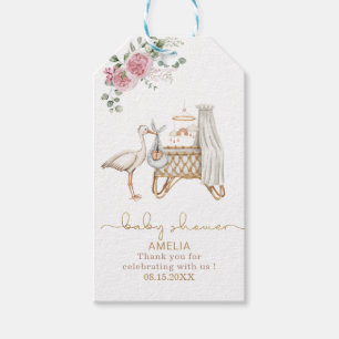 Étiquettes-cadeau Elégante cigogne bébé fille rose florale aquarelle