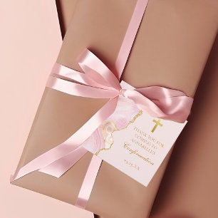 Étiquettes Cadeau Élégante Confirmation Cross Pink Gold Agate Party