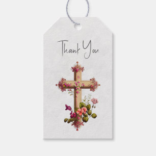 Étiquettes-cadeau Elégante Croix en bois avec Merci de fleurs roses