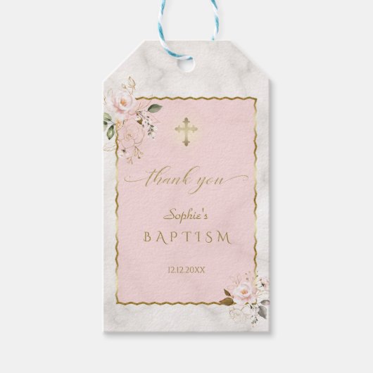 Étiquettes-cadeau Élégante Fleurs Roses Baptême Or (Devant)