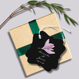 Étiquettes Cadeau Élégante florale violette sur Merci noir