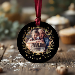 Étiquettes Cadeau Elégante Gold & Famille Noire Cuisine Photo Wreath