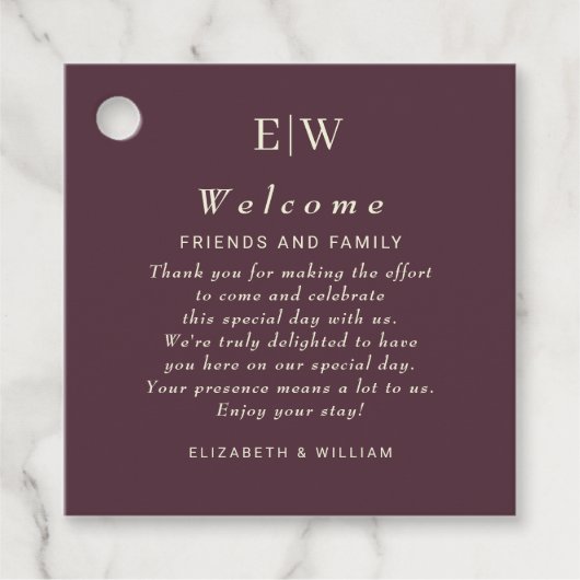 Étiquettes Cadeau Elégante laque simple cerise, Mariage Monogramme (Devant)