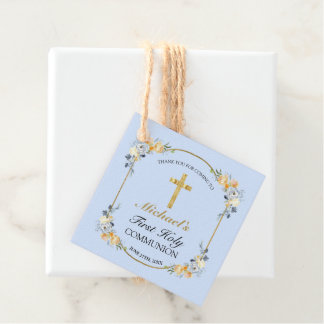 Étiquettes Cadeau Elégante Pêche Bleue Florale 1ère Sainte Communion