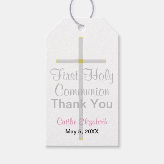 Étiquettes-cadeau Elégante première communion argent croix rose (Devant)