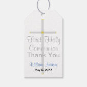 Étiquettes-cadeau Elégante première communion bleu croix argent (Devant)