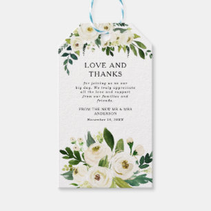 Étiquettes-cadeau Elégante Roses Blanches Verdure Merci Mariage