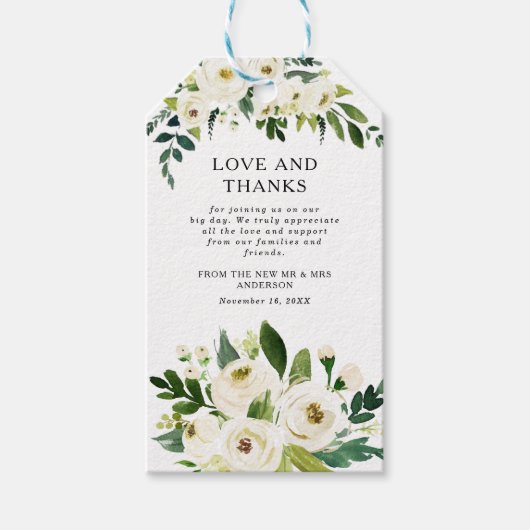 Étiquettes-cadeau Elégante Roses Blanches Verdure Merci Mariage (Devant)