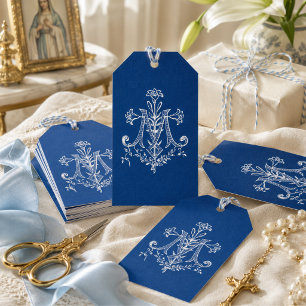 Étiquettes-cadeau Élégante Vierge Marie Religieuse Lys Bleus Catholi