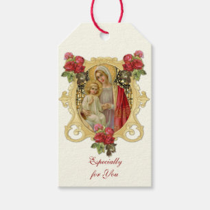 Étiquettes-cadeau Élégante Vierge religieuse Marie Jésus Roses rouge