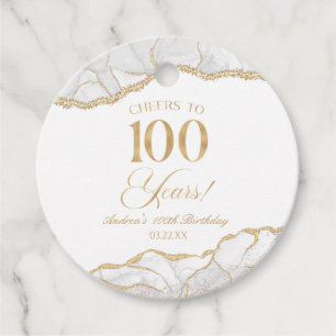 Étiquettes Cadeau Elégante White Gold Agate 100e fête d'anniversaire