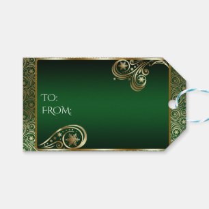 Étiquettes-cadeau Élégantes rouleaux d'or et de flocon de neige vert