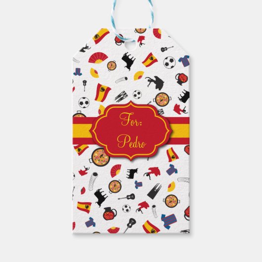 Étiquettes-cadeau Éléments espagnols avec drapeau pour ajouter des n (Devant)