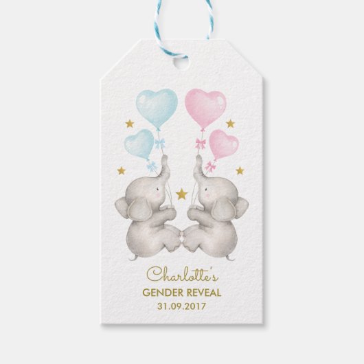 Étiquettes-cadeau Elephant Bébé Genre Révéler Bleu rose Or Faveurs (Devant)