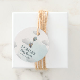 Étiquettes Cadeau Éléphant de bébé gris, ballon à air chaud dans les