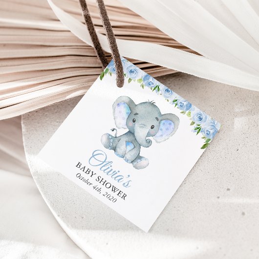 Étiquettes Cadeau Eléphant, Fleurs d'aquarelle bleue, Baby shower