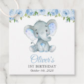 Étiquettes Cadeau Eléphant, Fleurs d'aquarelle bleue, premier annive (Devant)