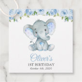 Étiquettes Cadeau Eléphant, Fleurs d'aquarelle bleue, premier annive (Devant)