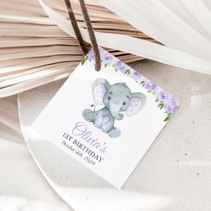 Étiquettes Cadeau Eléphant mignon, Fleurs pourpres, Premier Annivers