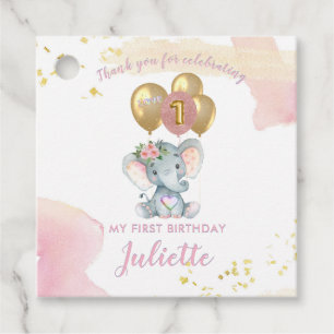 Étiquettes Cadeau Eléphant rose de charme premier anniversaire fille