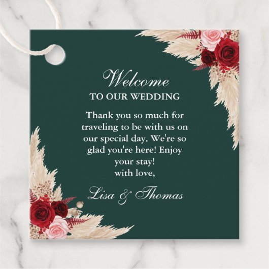 Étiquettes Cadeau Emerald Green Bourgogne Mariage Rose Bienvenue (Devant)