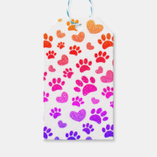 Étiquettes-cadeau Empreintes de patte de chien pailletées et coeurs