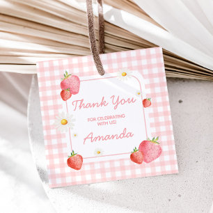 Étiquettes Cadeau En vichy rose fraise Anniversaire Carré de fête