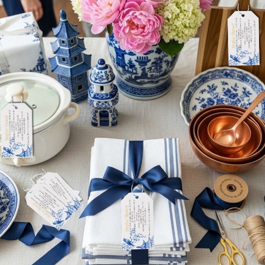 Étiquettes-cadeau Enceinte de douche de mariage chinoiserie bleue