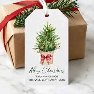 Étiquettes-cadeau Encre de calligraphie Noël Aquarelle Pin Rouge Nœu