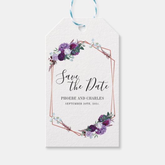 Étiquettes-cadeau Enregistrer La Date Florale Violet (Devant)