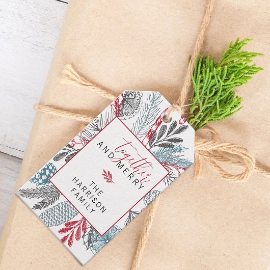 Étiquettes-cadeau Ensemble et joyeuses fêtes avec verdure