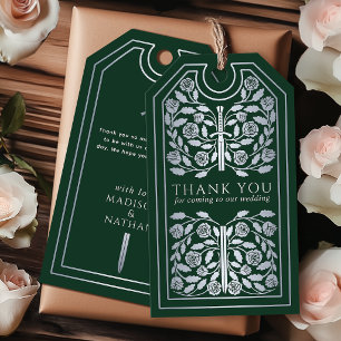 Étiquettes-cadeau Épée Médiévale Verte Argentée Mariage Remerciement
