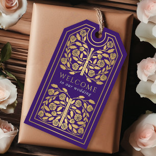 Étiquettes-cadeau Épée Royale Médiévale Dorée Violette Mariage Bienv