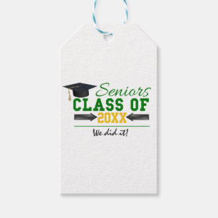 Étiquettes-cadeau Équipement de graduation vert et jaune
