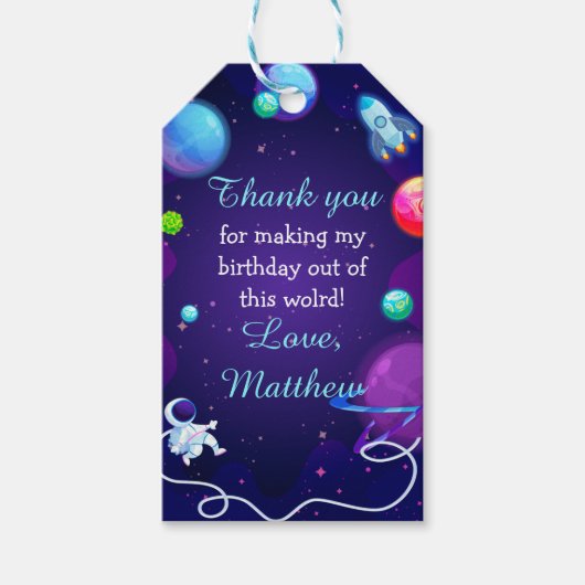 Étiquettes-cadeau Espace Extérieur Anniversaire Blue Astronaut Plane (Devant)